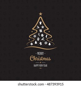 merry christmas gold tree ornament black background