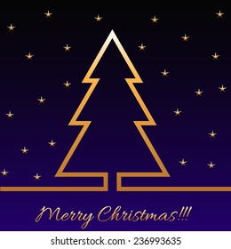 Merry Christmas gold christmas tree and stars at the dark background design greeting card, vector illustration