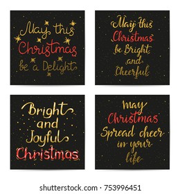 Merry Christmas gold wishes on a black poster. Holiday lettering, greeting card.