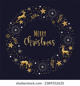 Merry christmas gold wreath. Deers and golden leaves. Vector illustration. Nature design greeting card template. Winter holidays.