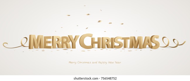 Merry Christmas. Golden 3D letters with ribbons and confetti on a white background.