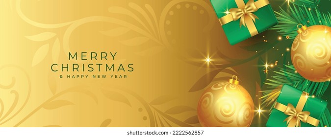 merry christmas golden banner with realistic giftbox and bauble vector 