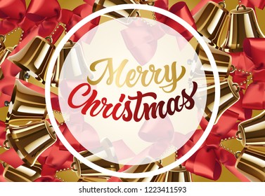 Merry Christmas with golden bells banner design. Lettering in round white frame on background with golden bells and red ribbons. Can be used for posters, banners, greetings