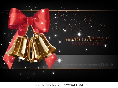 Merry Christmas with golden bells poster design. Inscription with golden bells, red bowknot on black background. Can be used for posters, greetings, postcards