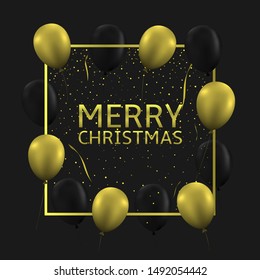 Merry Christmas. Golden and black balloons with golden frame, Vector