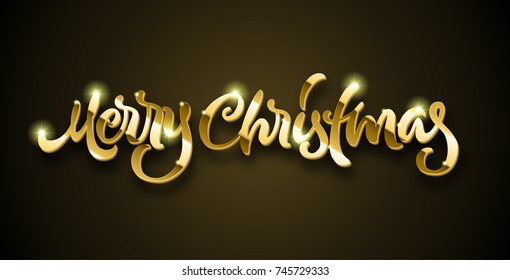 Merry Christmas golden calligraphic hand drawn lettering with volume and shadow for New Year Eve. May be used in winter holidays Christmas party invitations, posters and Xmas greeting cards.