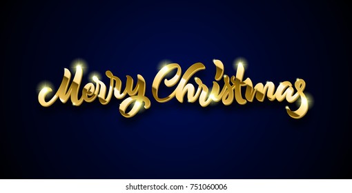 Merry Christmas golden calligraphic hand drawn lettering with volume and shadow for New Year Eve. May be used in winter holidays Christmas party invitations, posters and Xmas greeting cards.