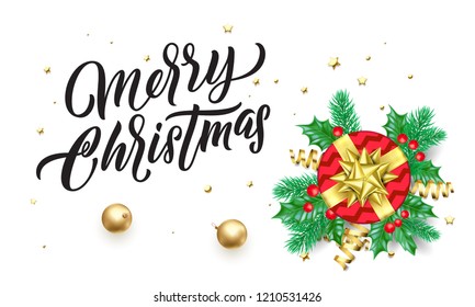 Merry Christmas golden calligraphy lettering and Xmas gifts. Vector Xmas tree ornaments