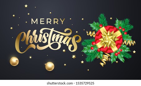 Merry Christmas golden calligraphy lettering and Xmas gold stars, balls and confetti decoration. Vector Xmas holiday sparkling ornaments on black background design