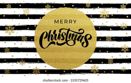 Merry Christmas golden calligraphy lettering with zigzag pattern background. Vector Xmas holiday sparkling ornaments on black background design