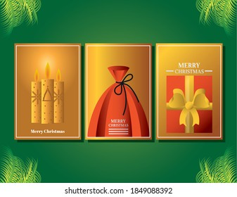 merry christmas, golden cards with candles bag and gift over green background vector illustration