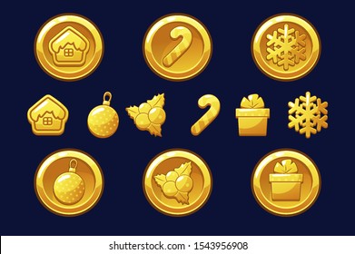 Merry Christmas Golden Coins. Happy New Year Coin. Vector Gold Icons For Assets 2D Game. Objects On A Separate Layer.