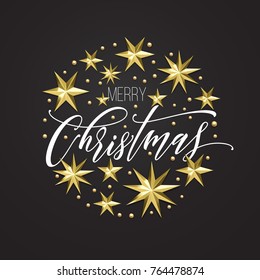 Merry Christmas golden decoration, hand drawn calligraphy font for greeting card or invitation on white background. Vector Christmas or New Year gold star and snowflake shiny winter holiday decoration