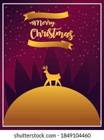 merry christmas, golden deer standing in a hill with tree, paper art style vector illustration