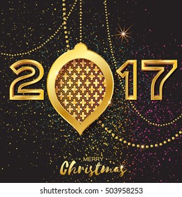 Merry Christmas Golden Glitter balls. Beautiful Decoration Bauble elements and garlands on back background. 2017 Happy New Year Greeting card. Vector design illustration