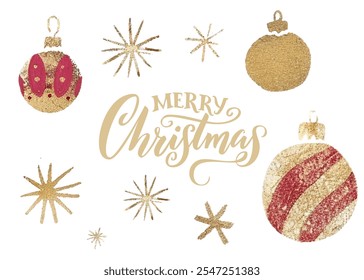 Merry Christmas golden glitter greeting card, baubles and sparks, shiny gold textures.