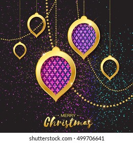 Merry Christmas Golden Glitter Pink Purple balls. Beautiful Decoration Bauble