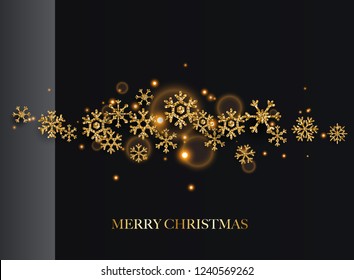 Merry Christmas. Golden glitter snowflakes on dark background. Can be used for decoration, banners and card.