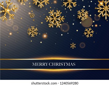 Merry Christmas. Golden glitter snowflakes on dark background. Can be used for decoration, banners and card.