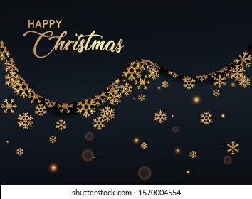 Merry Christmas. Golden glitter snowflakes on dark background. Can be used for decoration, banners and card.
