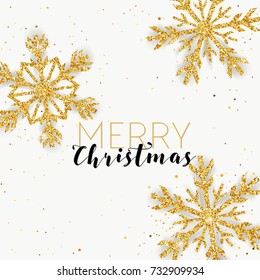 Merry Christmas Golden Glitter Snowflakes Card for your Invitation or Design in vector