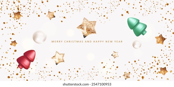 Feliz Natal dourado estrelas de brilho e confete web banner no fundo branco. Árvores 3d realistas, elemento de decoração na área de trabalho. Projeto de X-mas vetorial de cartão de férias.