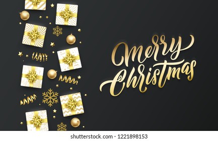 Merry Christmas golden greeting card on premium black background. Vector Christmas calligraphy lettering, gifts, snowflakes and gold glitter stars