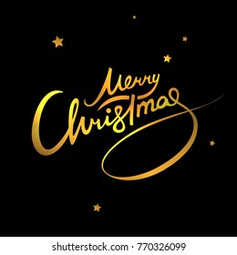 Merry Christmas golden lettering. Vector gold text calligraphic design hand draw illustration. Creative typography for holiday greeting gift poster. Calligraphy font style. Black background with stars