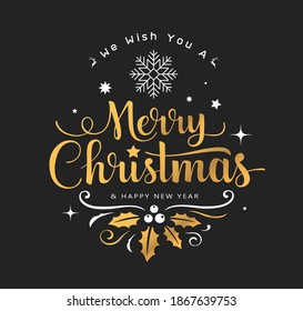 Merry Christmas golden lettering with white snowflake and star design on black background, vector illustration