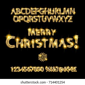Merry Christmas with Golden Letters and Numbers. On a dark background. Easy to edit. Vector illustration
