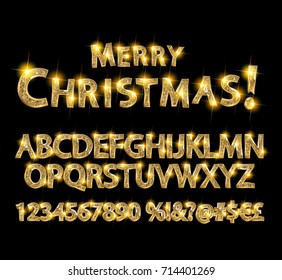 Merry Christmas with Golden Letters and Numbers. On a dark background. Easy to edit. Vector illustration