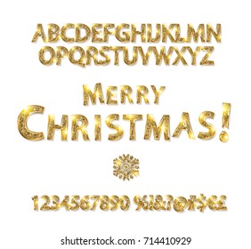 Merry Christmas with Golden Letters and Numbers. On a white background. Easy to edit. Vector illustration