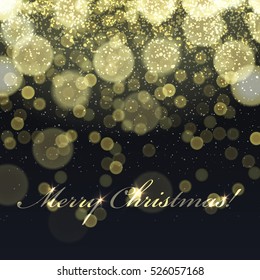 Merry Christmas! Golden Lights Background and snowfall. Vector template. Easy to use in design projects for holiday, as is postcard, invitations, covers, posters, banners,  wallpapers...