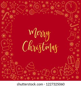 Merry Christmas golden line objects frame, red background, brush calligraphy imitation, modern bounce style, for print on gift paper bag, package, poster, flyer, greeting post card, or social media.