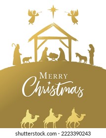 Merry Christmas golden Nativity scene with Holy family and calligraphy. Mary, Joseph, baby Jesus, shepherds and  wise mans in silhouette with angels and Bethlehem star. Vector illustration