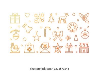 Merry Christmas golden outline illustration. Vector Xmas bright horizontal banner on white background