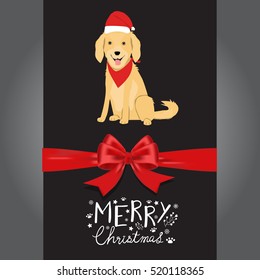 Merry christmas Golden Retreiver dogs in the red hat hand lettering vector. illustration EPS10.