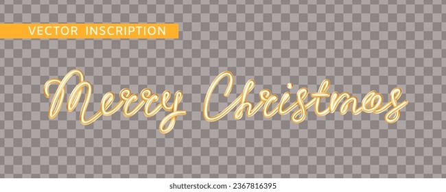 Merry Christmas. Golden shiny metal inscription. Realistic 3d render lettering. Gold text isolated on transparent background. 3D vector illustration of letters