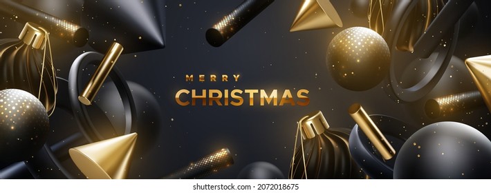 Merry Christmas golden sign with flowing geometric shapes and black Christmas balls. Vector 3d illustration. Holiday banner design. Festive background with black and golden glittering primitives.