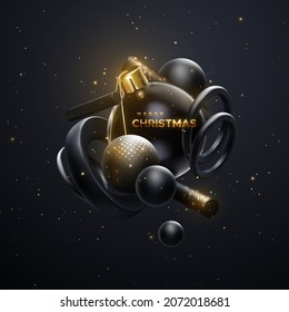 Merry Christmas golden sign with flowing geometric shapes and Christmas ball. Vector 3d illustration. Holiday banner design. Festive background with black and golden glittering primitives.