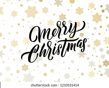 Merry Christmas golden and silver snowflakes pattern. Vector Xmas greeting card calligraphy lettering and gold confetti background