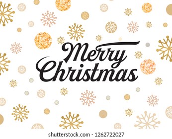 Merry Christmas golden and silver snowflakes pattern. Vector Xmas greeting card calligraphy lettering and gold confetti background - Vector