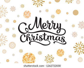 Merry Christmas golden and silver snowflakes pattern. Vector Xmas greeting card calligraphy lettering and gold confetti background - Vector