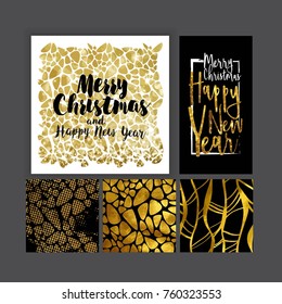 merry christmas golden template set,  lettering, card set, seamless pattern, vector illustration