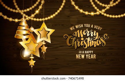 Merry Christmas golden text. Calligraphic Lettering. New year and Xmas Holidays design. Vector illustration.