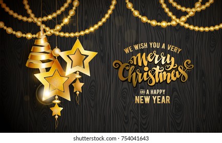 Merry Christmas golden text. Calligraphic Lettering. New year and Xmas Holidays design. Vector illustration.