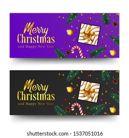merry christmas golden text and confetti. xmas banner template. fir spruce leaves, present box, candy cane, bauble ball. purple and black background