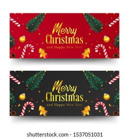 merry christmas golden text and confetti. xmas banner template. fir spruce leaves, candy cane, bauble ball. red and black background