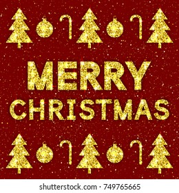 Merry Christmas golden text. Glittering Xmas greeting card with typography font. illustration of gold. Vector holiday background. 