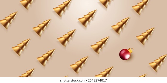 Fondo del Anuncio del Web de los árboles dorados de las Navidades felices. Árbol de oro realista, elemento de decoración en el escritorio. Tarjeta Festiva con diseño de Vector de la X-mas.